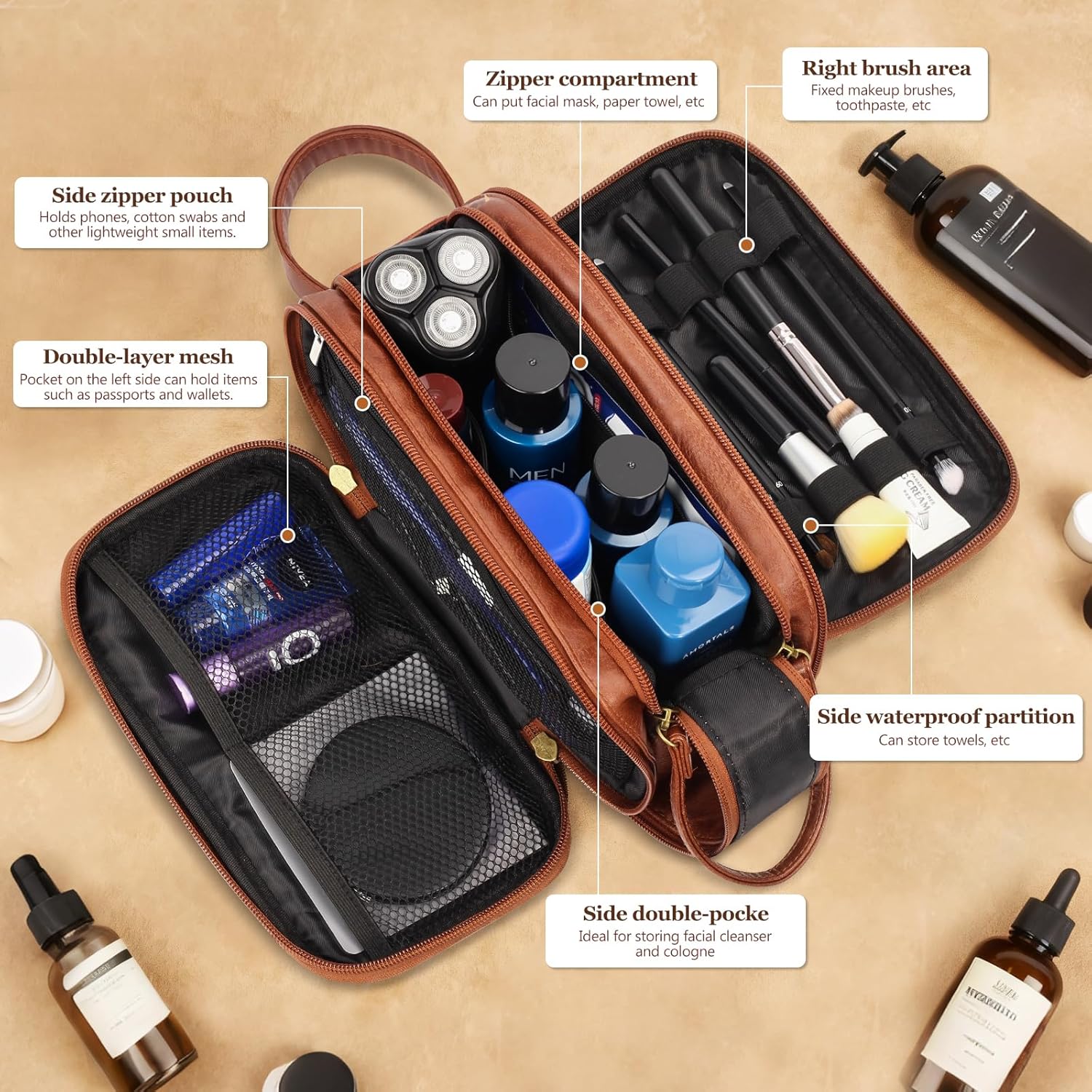 Travel Toiletry Bag for Men,Mens Shaving Bags for Toiletries,Men's Toiletry Travel Bag PU Leather,Personalized Travel Essentials,Birthday Gifts For Men,Brown- M - Image 3