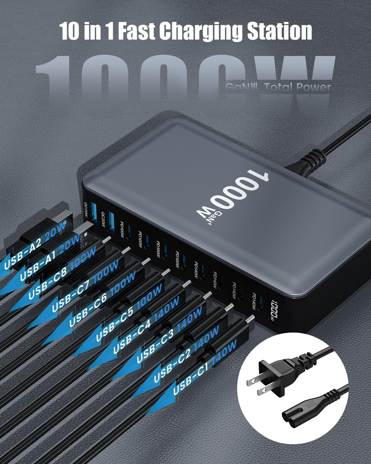 1000W USB C Charger Block,10-Port USB C Charging Station GaN IV Travel Essentials Multiple Port Charging Station,140W Laptop Fast Charger Adapter for MacBook Pro/Air,DELL,iPad,iPhone,Samsung Galaxy - Image 2