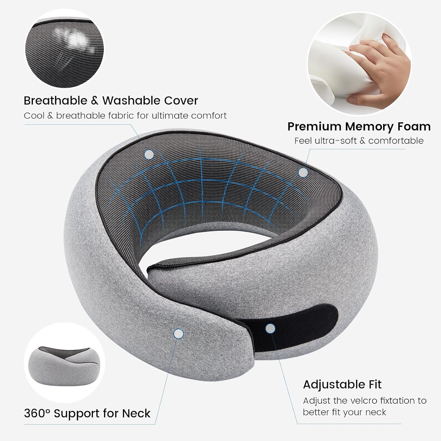 Neck Pillow Airplane,100% Pure Memory FoamTravel Neck Pillow Travel Neck Support Ergonomic &Portable Design Best for Sleeping Plane Car Train Office Flight (Small Grey) - Image 7