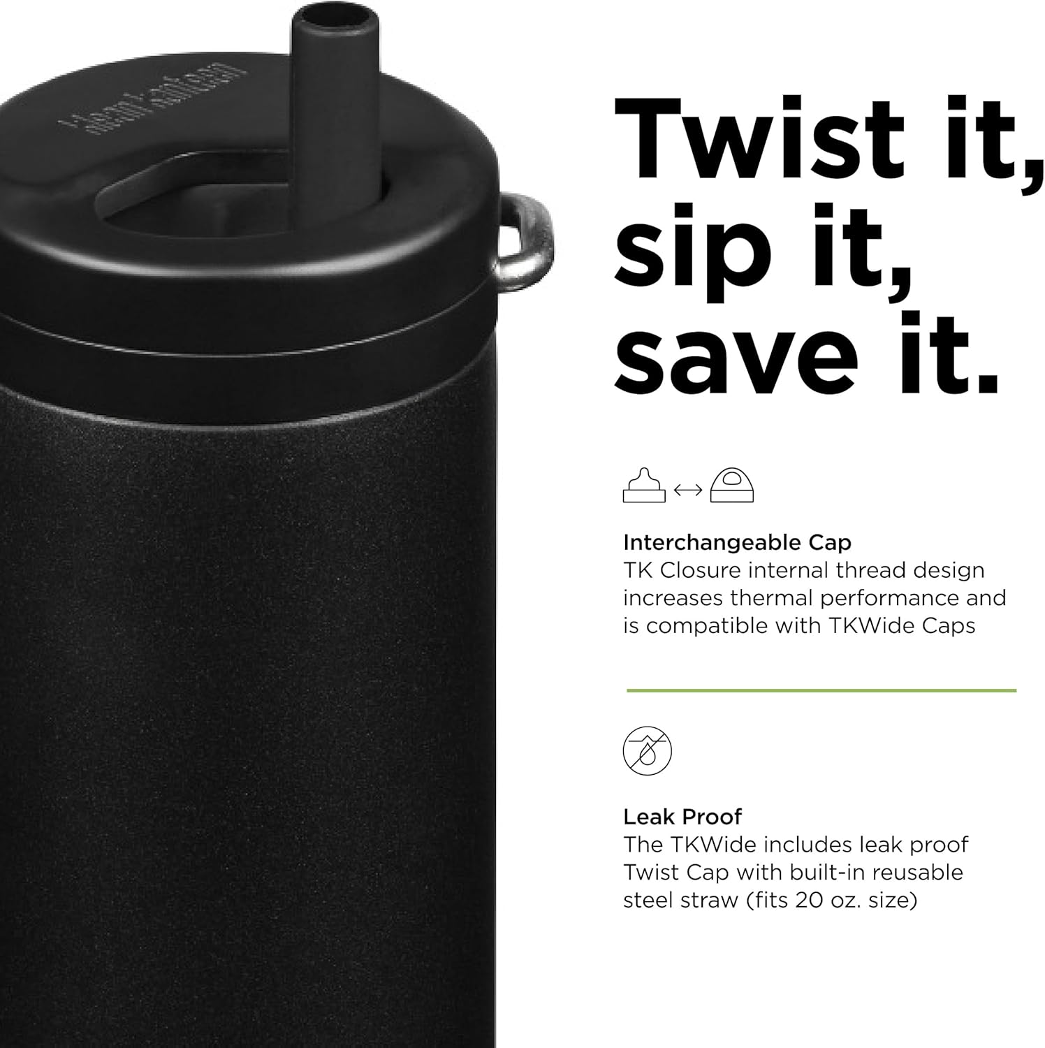 Klean Kanteen TKWide Insulated Water Bottle with Twist Cap - Reusable Travel Water Bottle with Stainless Steel Straw - Perfect for Sports & the Office - Black, 20 oz - Image 4