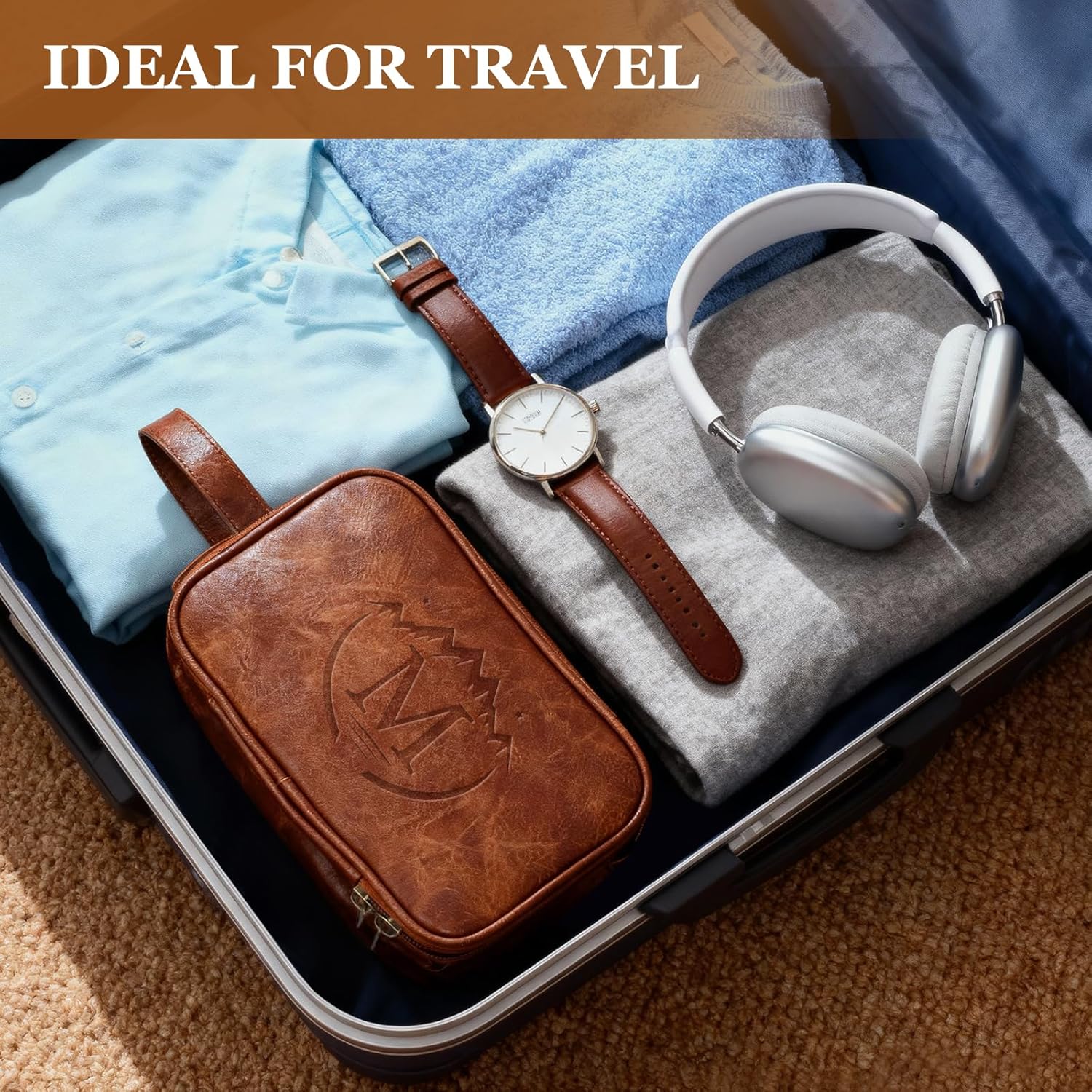 Travel Toiletry Bag for Men,Mens Shaving Bags for Toiletries,Men's Toiletry Travel Bag PU Leather,Personalized Travel Essentials,Birthday Gifts For Men,Brown- M - Image 7