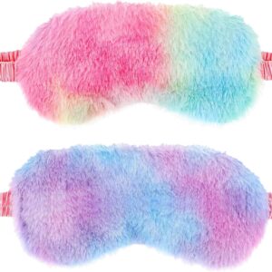 2 Pack Plush Sleeping Eye Mask Soft Plush Eye Mask Fuffy Eye Cover Comfortable Sleep Mask Blindfold Rainbow Faux Fur Eye Shade for Women, Men and Kids Travel Nap Sleeping