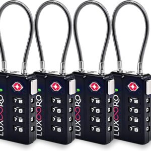 Tool-Less TSA Approved Luggage Lock with Alert Indicator, 4-Digit Resettable Combination, Durable Zinc Alloy Travel Locks for Suitcase, Backpack, Toolbox, Locker, Keyless – Black (4 Pack)