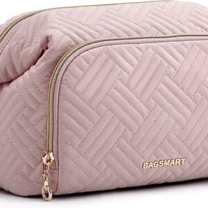 BAGSMART Travel Makeup Bag, Cosmetic Bag Make Up Organizer Case,Large Wide-open Pouch for Women Purse for Toiletries Accessories Brushes Pink