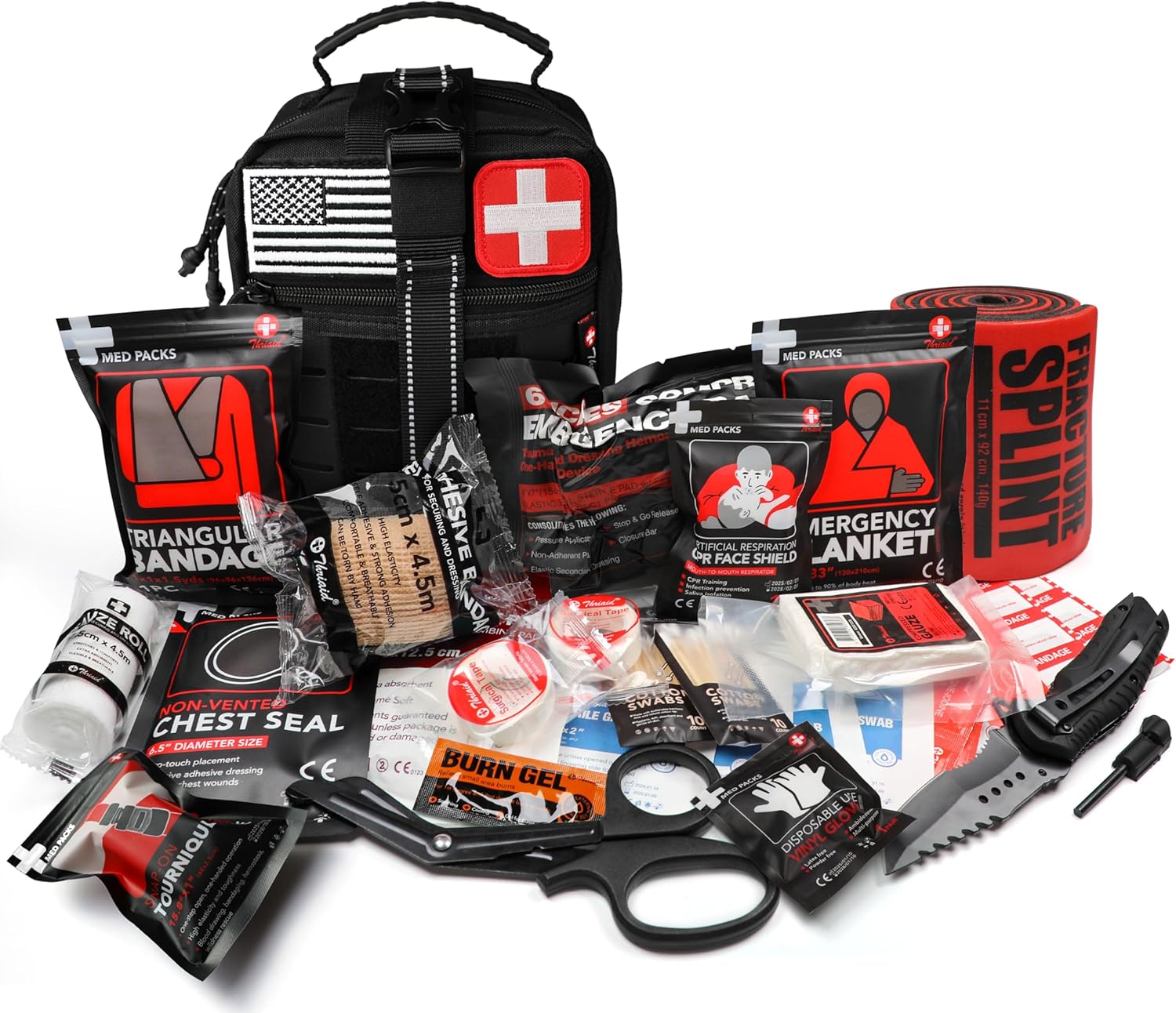 Survival First Aid Kit with Israeli Bandage, Chest Seal, Tourniquet, Splint, Tactical Military Combat Molle IFAK for Wound Care, Bleeding Control, Trauma Hemorrhage and More (Black) - Image 2