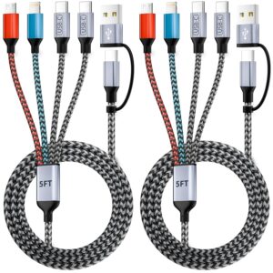 4 in 2 Multi Charging Cable, USB A/C Cable with Dual Type-C/IP/Micro USB, Travel Charger for Multiple Devices, Phone Charger Cord for iPhone 17/16/15/14, Galaxy, Android Tablet Pad (2Pack 5FT)