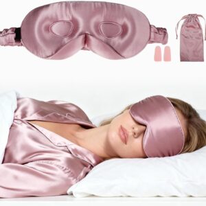 VOCOSTE 22 Momme Pure Silk Sleep Mask with Travel Pouch, 3D Contour Adjustable Blindfold for Side Sleepers, Eye Mask Locks Light for Sleeping, Bean Pink