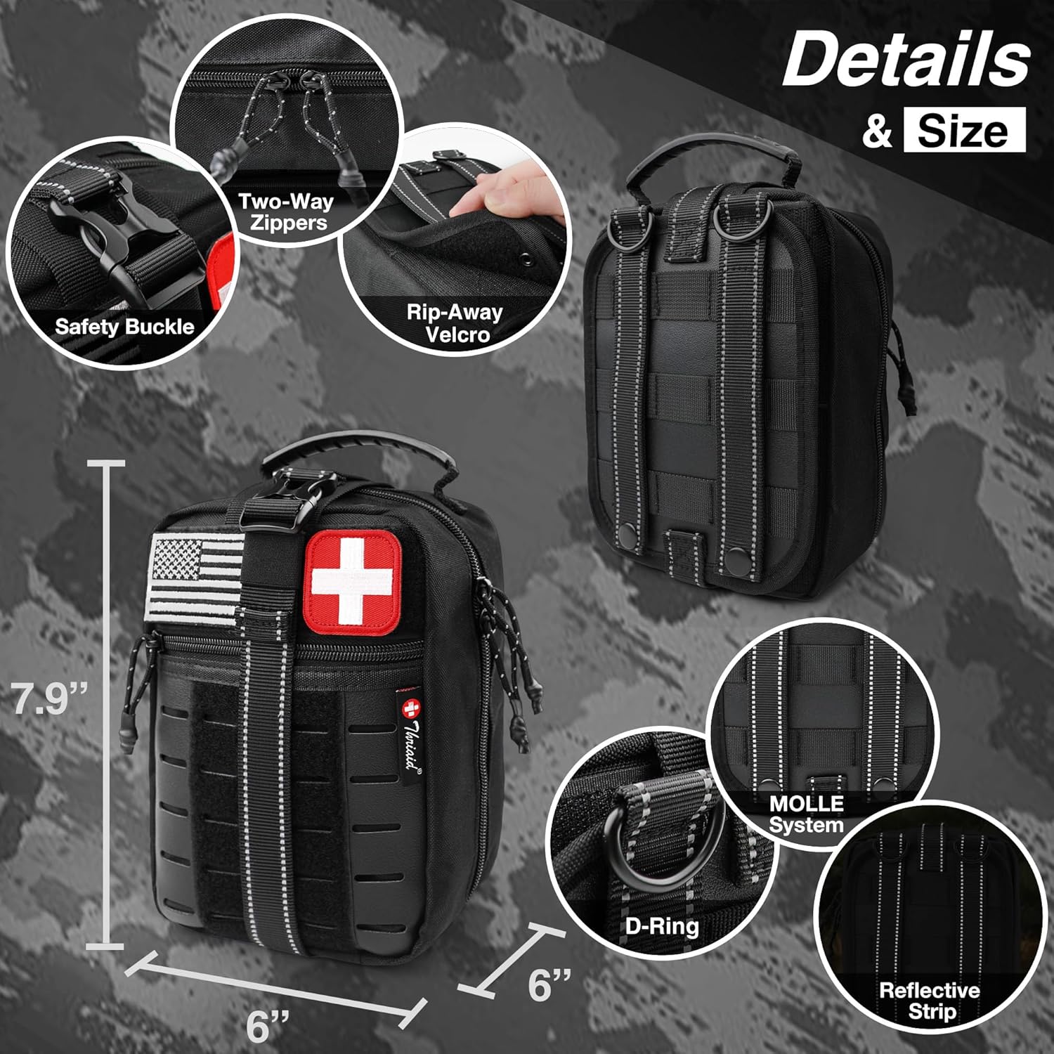 Survival First Aid Kit with Israeli Bandage, Chest Seal, Tourniquet, Splint, Tactical Military Combat Molle IFAK for Wound Care, Bleeding Control, Trauma Hemorrhage and More (Black) - Image 4