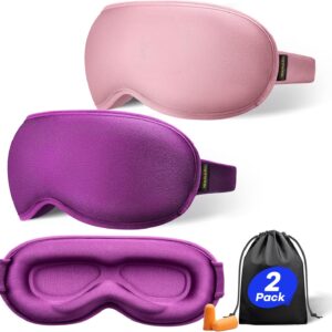 Weighted Sleep Mask 2 Pack - 3D Contoured Eye Masks for Sleep, Best Blackout Sleep Masks for Women Men, Eye Mask for Travel, Meditation, Airplane, Memory Foam, Adjustable Strap, Pink, Purple