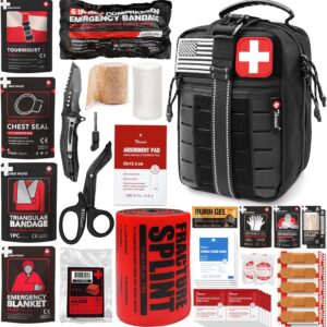 Survival First Aid Kit with Israeli Bandage, Chest Seal, Tourniquet, Splint, Tactical Military Combat Molle IFAK for Wound Care, Bleeding Control, Trauma Hemorrhage and More (Black)