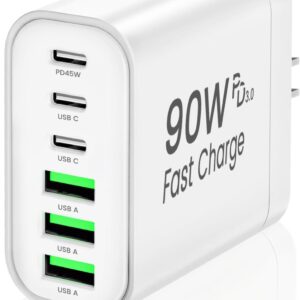 90W GaN USB C Charger Block,6-Port USB C Wall Charger Fast Charging 45W PD Power Adapter for iPhone 17Pro Max/Samsung Galaxy S24 Ultra/Tabs/MacBook Air/iPad Pro for Home Travel