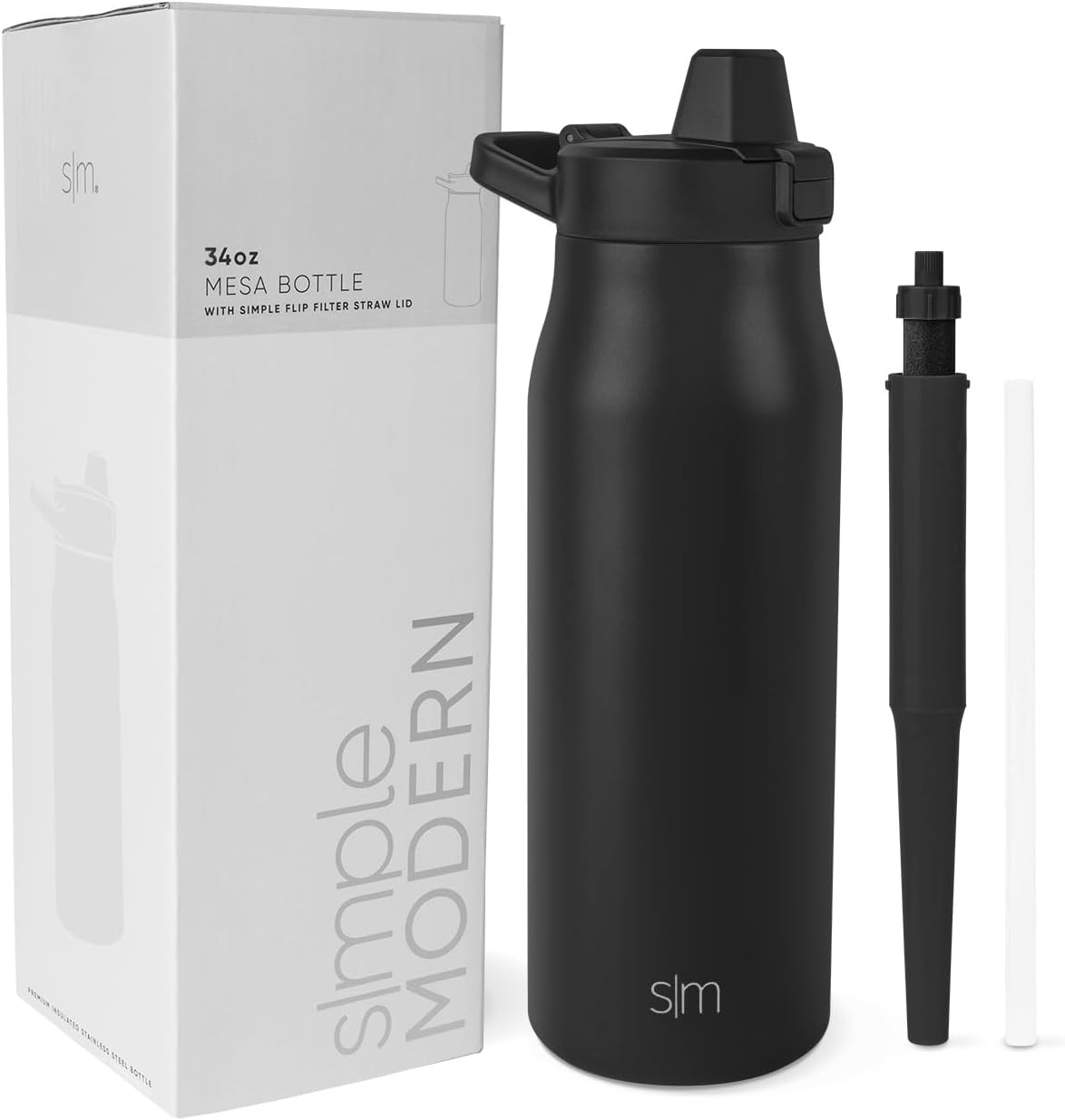 Simple Modern Filtered Water Bottle | Insulated Stainless-Steel Carbon Filter Travel Water Bottles | Reusable for Clean Drinking Water On The Go | 34oz, Midnight Black