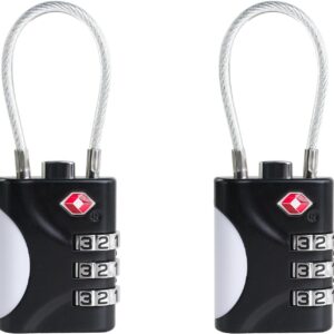 TSA Approved Luggage Locks - Small Combo Travel Padlock with Cable, TSA 007 Suitcase & Backpack Security, Durable & Easy to Use (Black+Black)