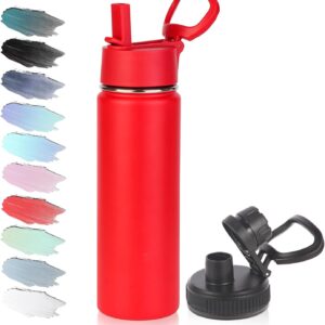 Volhoply 20oz Insulated Stainless Steel Water Bottle with Straw Lid, Kids Wide Mouth Double Wall Vacuum Cups with Handle,Reusable Outdoor Sports Metal Bottles,Travel Flask Keep Cold&Hotd(Red,1)