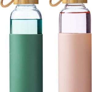 21 oz Borosilicate Glass Water Bottles with Silicone Sleeve & Leak-proof Lid,BPA Free, Dishwasher Safe-Reusable Clear Glass Drinking for Hot and Cold Drinks,Gym Travel Office cu.20.5 ft.(Green+Pink)