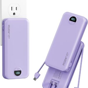 10000mAh Ultra-Portable-Charger-Power-Bank with Built in Cables&AC Wall Plug, PD20W USB-C Fast Charging Cell Phone Charger Battery Pack,LED Display Travel Battery Bank for All iPhone,Samsung,Android