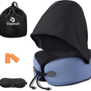 Neck Pillow for Travel - Hooded Memory Foam Plane Pillow for Airplane, Office, Cars Sleeping, Road Trip, Long Flights, Portable Plane Accessories, Includes Eye Mask & Earplugs (Blue)