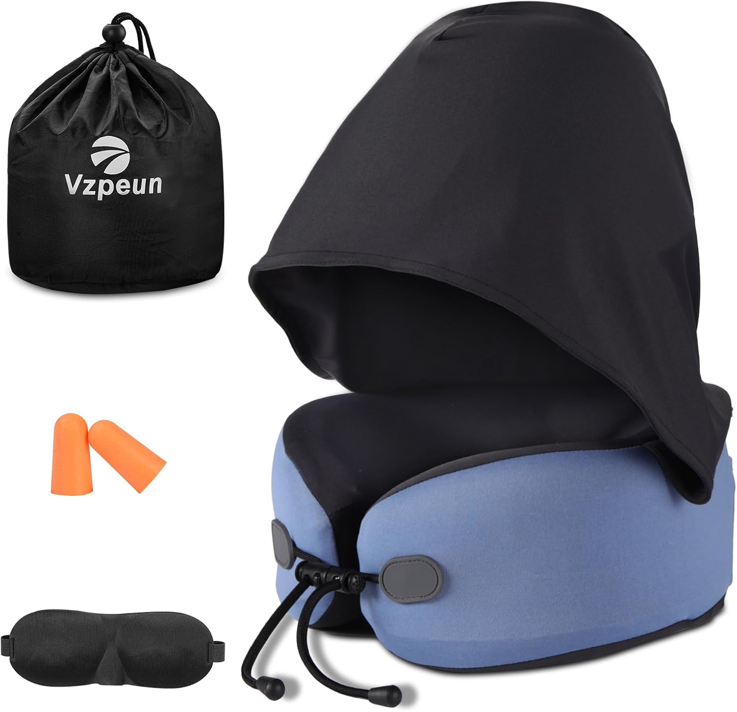 Neck Pillow for Travel - Hooded Memory Foam Plane Pillow for Airplane, Office, Cars Sleeping, Road Trip, Long Flights, Portable Plane Accessories, Includes Eye Mask & Earplugs (Blue)
