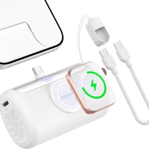 RORRY PalmGo Portable Charger, 10000mAh PD 22.5W Fast Charging Mini Power Bank with Built-in USB C Connector, 3-in-1 Battery Pack for iPhone 17/16/15 Pro/Max, Apple Watch Ultra/11/10/SE, iPad, White