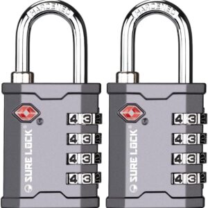SURE LOCK TSA Accepted 4 Dig Heavy Duty Big Combination Luggage Padlock All Metal Travel Lock for Equipment Hard Case Luggage Gun Case Gym Locker Pelican Vault Lock (2, Grey)