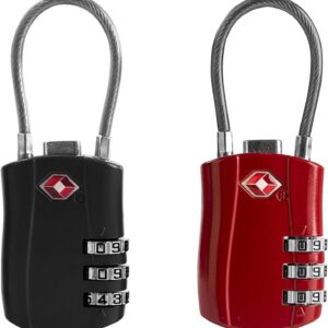 TSA Locks for Luggage, Small Padlock Combination with Cable, Luggage Locks TSA Approved, Combo Padlock with Code, for Travel Suitcase, Gym Locker, Gun Case, Backpack Zipper (Black+Red)
