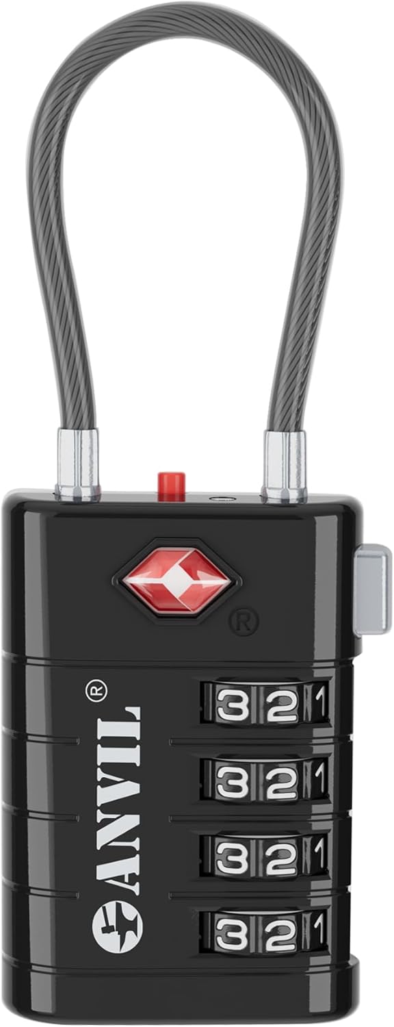 ANVIL TSA Approved Luggage Locks with Search Alert Indicator, 4-Digit Combination Suitcase Lock, Advanced TSA008 Core Heavy Duty Anti-Theft Travel Lock for Bags, Backpacks, Pelican Cases (1, Black)