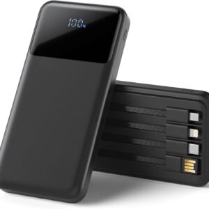 Portable Charger with Built in Cables, Power Bank with Cords Wires, Slim 10000mAh Travel Battery Pack 6 Outputs 3 Inputs 3A Fast Charging for Samsung Google Pixel LG Moto iPhone iPad, 1 Pack