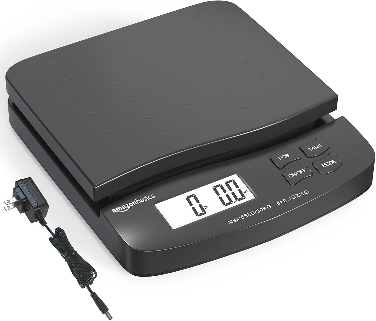 Amazon Basics Digital Postal Shipping Scale with Tare Function, AC Adapter, 65 lb Capacity, 0.1 oz Readability, LCD Display, Black