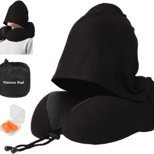 Travel Neck Pillow with 100% Light-Blocking Hood – Ergonomic Memory Foam Support Pillow for Airplane, Long Flights, Road Trips, Office and Car, Full Head and Neck Support with Skin-Friendly Cover