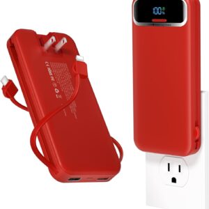 12000mAh Lightweight-Portable-Charger-Power-Bank with Built-in Cables and AC Wall Plug, PD20W USB-C Fast Charging Battery Pack, LED Display External Travel Phone Charger for All iPhone,Samsung,Android