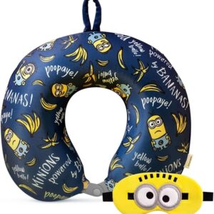 MINISO Minions Travel Neck Pillow with Eye Mask, Cute Cartoon 100% Memory Foam Neck Support Pillow, Lightweight Travelling Pillow Set for Airplane, Car and Home Use