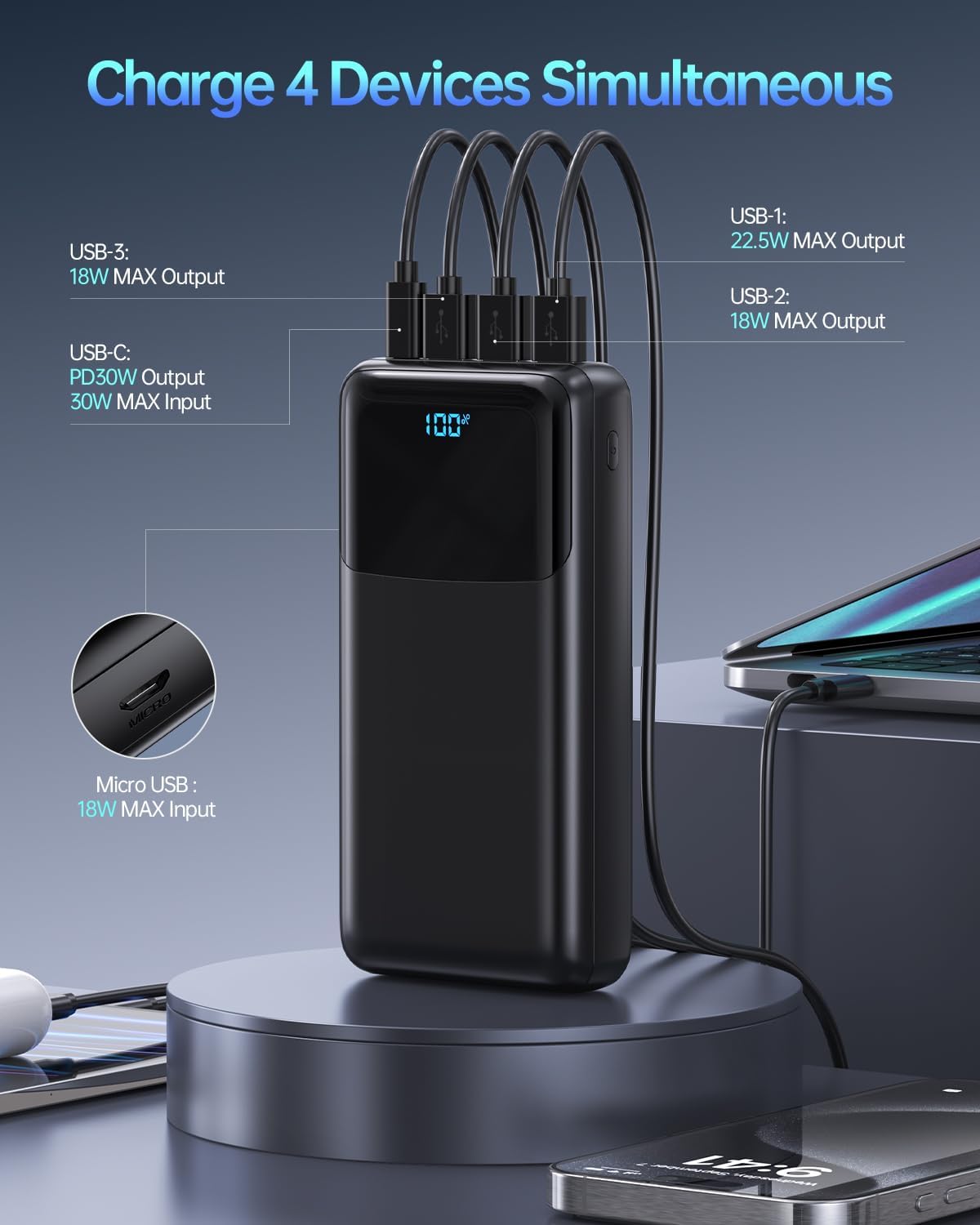 Portable Charger Power Bank 50000mAh, USB-C PD 30W and QC 4.0 Fast Charging External Battery Pack with 4 Outputs & 2 Inputs, Digital Display Phone Charger for iPhone 15/14/13/12/11, Samsung, Android - Image 3