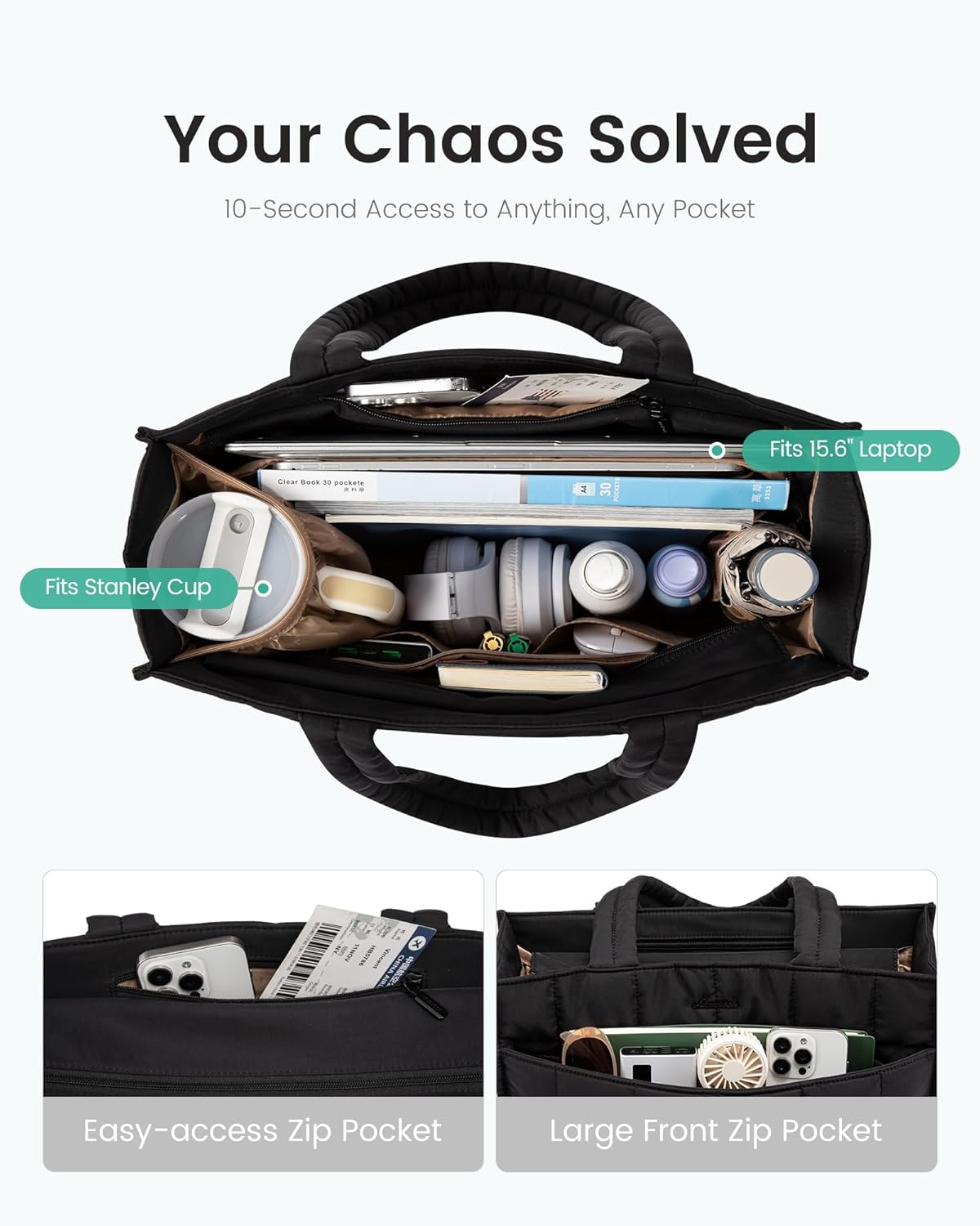 LOVEVOOK Tote Bag for Women, Puffer Work Handbag 15.6 Inch Laptop Purse for Nurse Teacher, Large Quilted Travel Tote Shoulder Bag with Zipper for College Office Clinical Gym, Black - Image 3