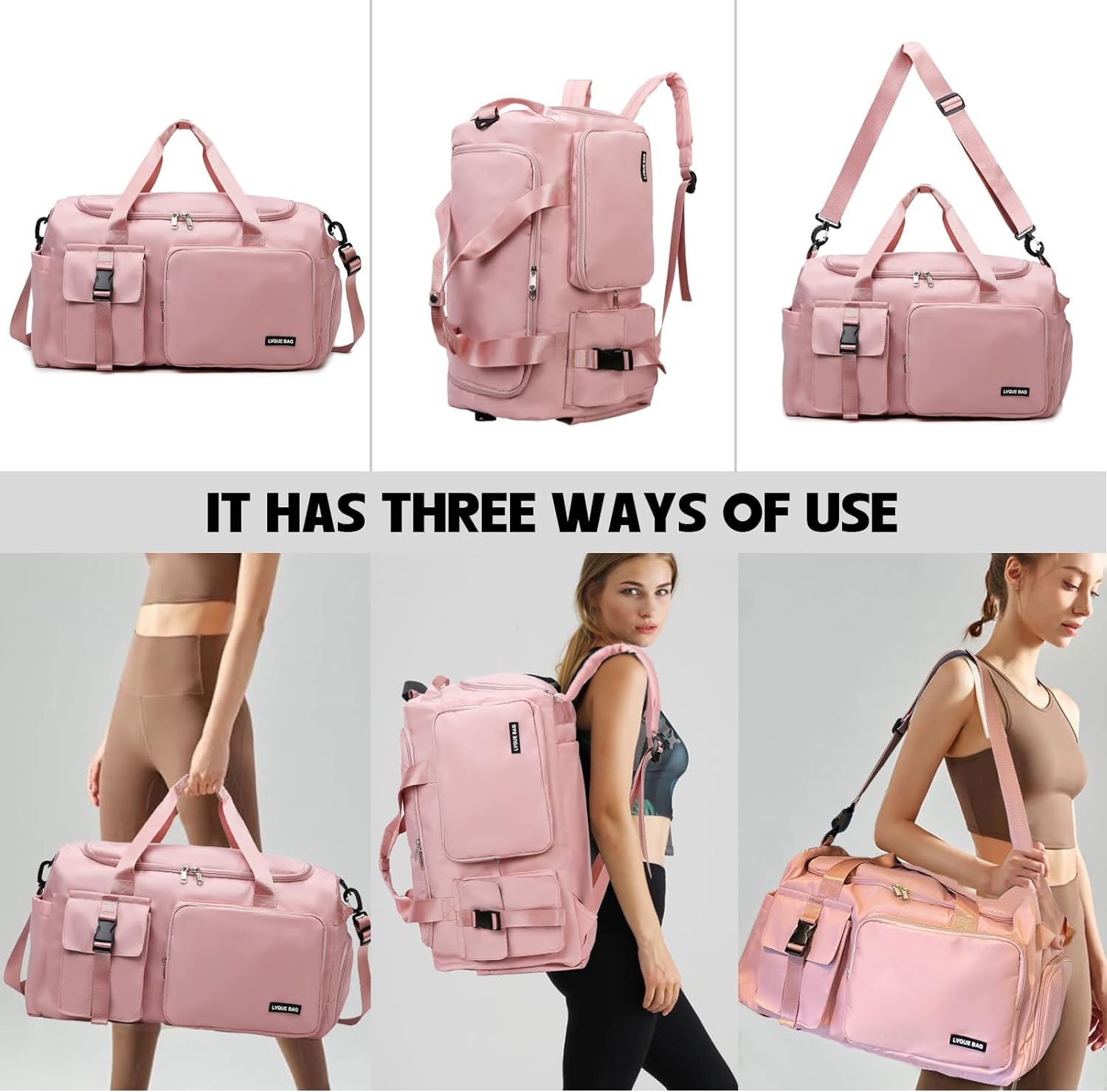 Eslcorri Gym Duffle Bag for Women Men, Sports Backpack with Wet & Shoe Compartment, Fitness Overnight Weekender Bag for Yoga, Swim, Travel (Style B, GreenPink) - Image 7