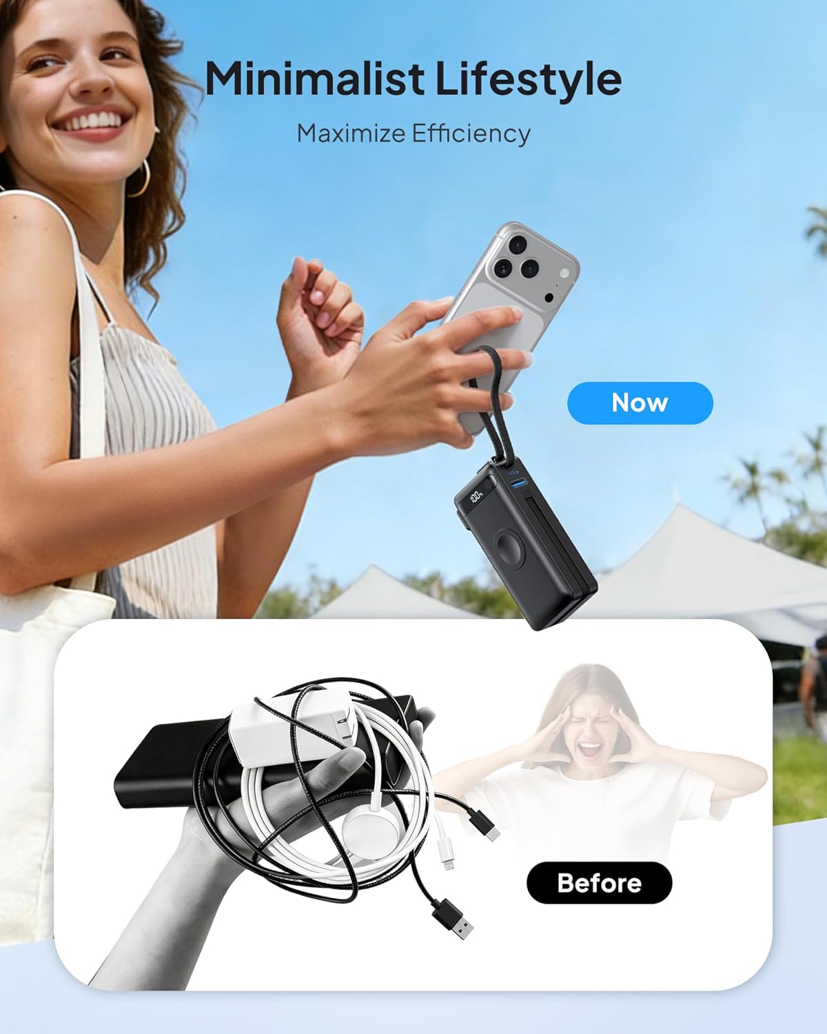 2026 Latest Nano 5-in-1 Portable Charger for iPhone & Apple Watch, 10,000mAh Portable Charger with Built-in AC Wall Plug and Cables, 22.5W Fast Charging USB C Power Bank Travel Essentials Battery Pack - Image 2