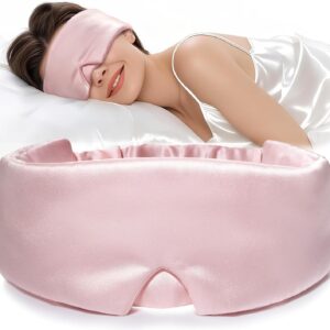 LitBear Silk Sleep Mask for Women, Adjustable 100% Mulberry Silk Sleeping Eye Mask for Side Sleeper, Total Blackout Eye Cover for All Night Sleep, Travel, Office, or Napping (Pink)