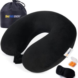 SAIREIDER Neck Pillows for Travel 100% Memory Foam Adjustable Travel Pillows with Storage Bag, Sleep Mask and Earplugs-Prevent The Heads from Falling Forward (Black)