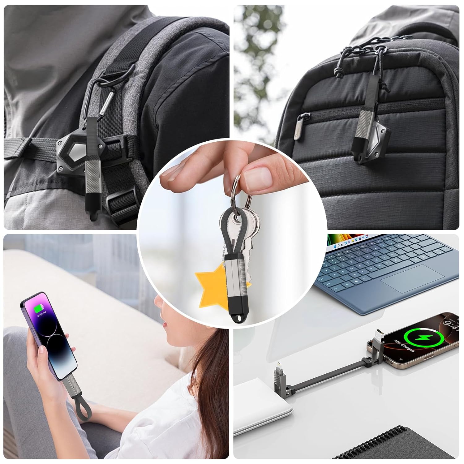 Keychain Charger 100W USB C Multi Charging Cable, 2-in-2 USB A+C to USB C+Lightning Fast Charger Cable, Travel Portable Magnetic Short Charging Cable for iPhone 16/15/14/13/12/iPad/MacBook/Samsung - Image 8