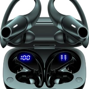 Active Noise Cancelling Wireless Earbuds Bluetooth Headphones 80H Playtime Ear Buds with Power Display Case Hi-Res Sound & Clear Calls Over Ear Hooks Earphones for Sports Running Gym Workout Black