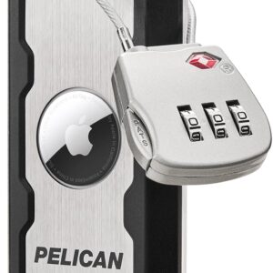 Pelican AirTag Tracker Luggage Lock - Travel AirTag Holder Luggage Tag for Suitcases with TSA-Approved Cable Lock, 2-Piece Installation, Grade 5 Titanium Plate Tracker -Brushed Titanium