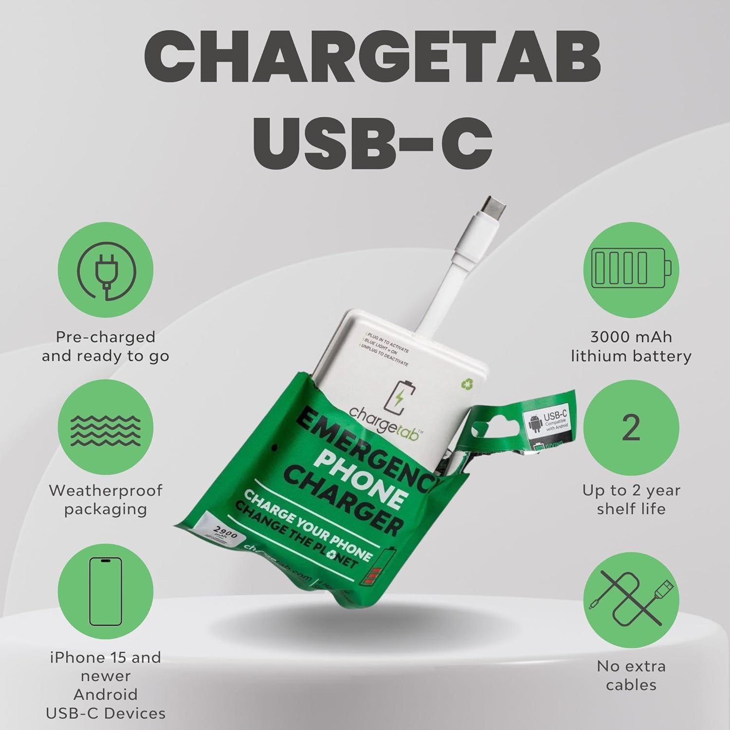 ChargeTab Emergency Portable USB-C Charger – Pre-Charged 3000mAh, Slim & Light, Up to 2-Year Shelf, Compatible w/iPhone 15/16 & Android USB-C Devices (10 Pack) - Image 2