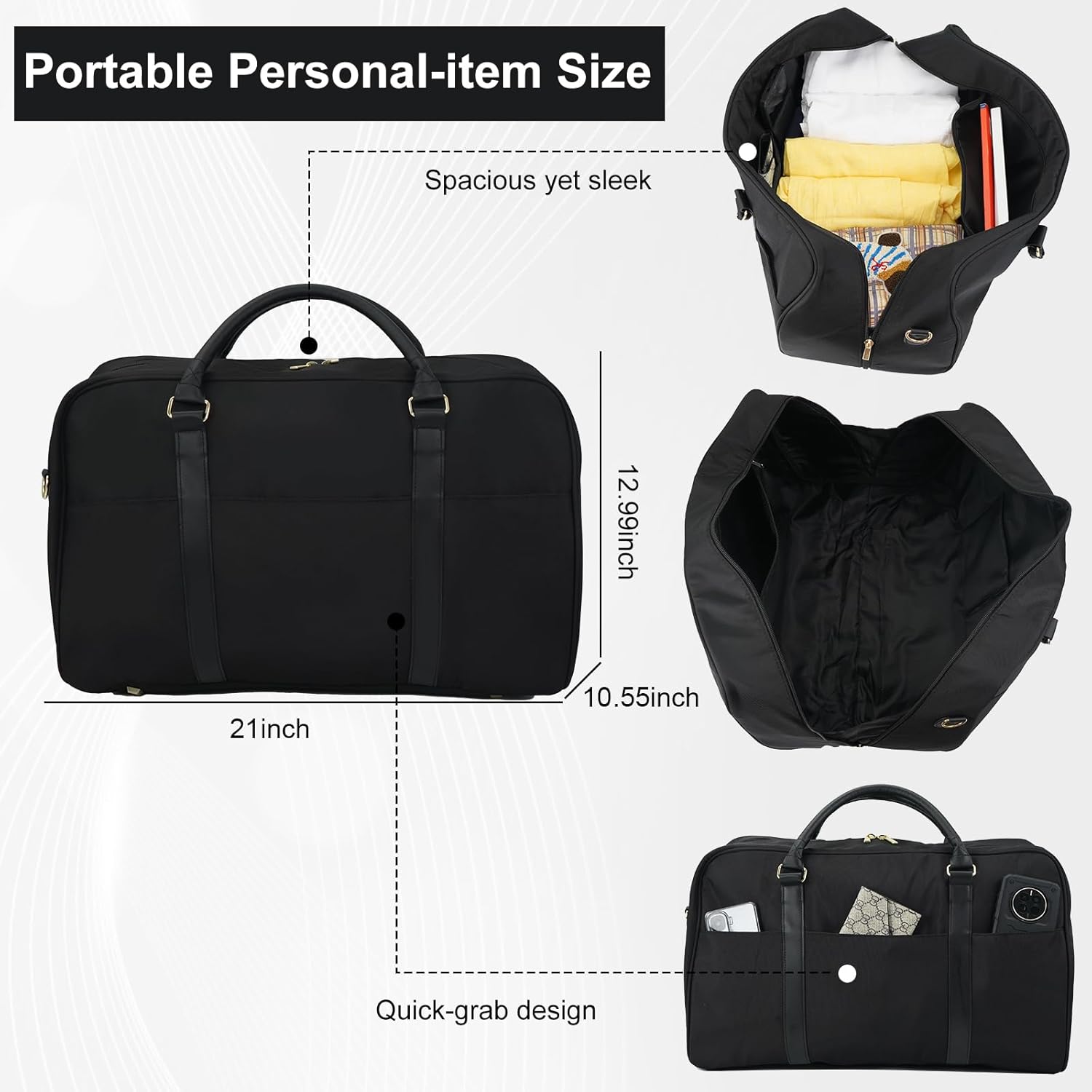 Travel Duffle Bag for Women & Men - Weekender Overnight Bag, Large Carry-On Gym Bag, Sports Duffel, Hospital Bag, Yoga Tote,Work Bag & Trolley Sleeve (Black) - Image 3
