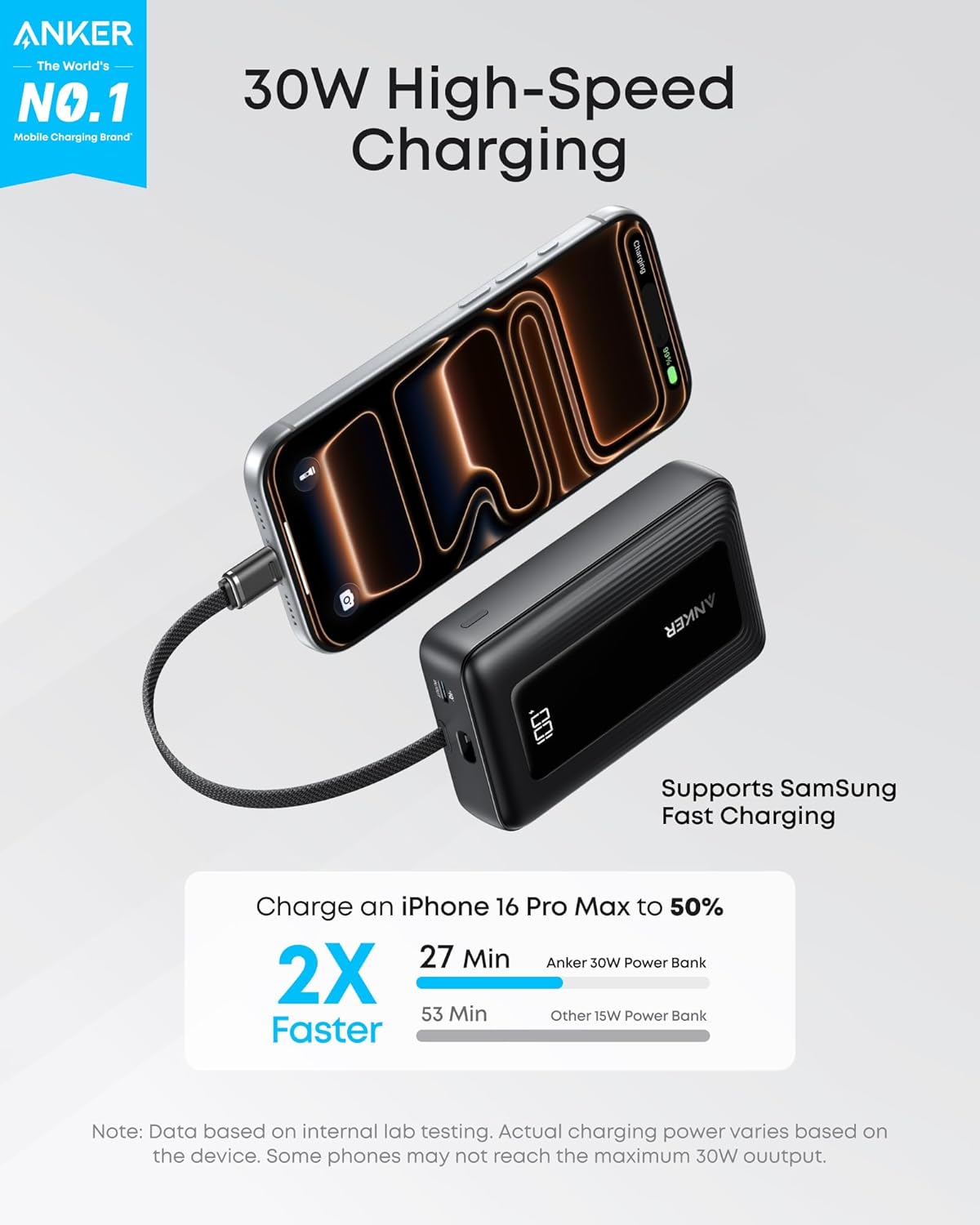 Anker Zolo Power Bank (2025 Upgraded Version), 20,000mAh 30W High-Speed Portable Charger with Built-in USB-C Cable, Battery Pack for iPhone 17/16 / 15 Series, Galaxy, and More - Image 2