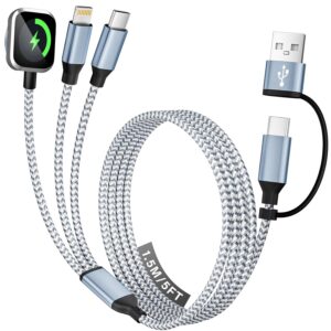 Travel Essentials 3 in 2 Charging Cable for Phone Watch Charger, USB A/USB C Multi Charging Cable/Cord for All Devices Compatible for iWatch Ultra/SE/11-2, iPhone17 15 14, Android, More - 5FT