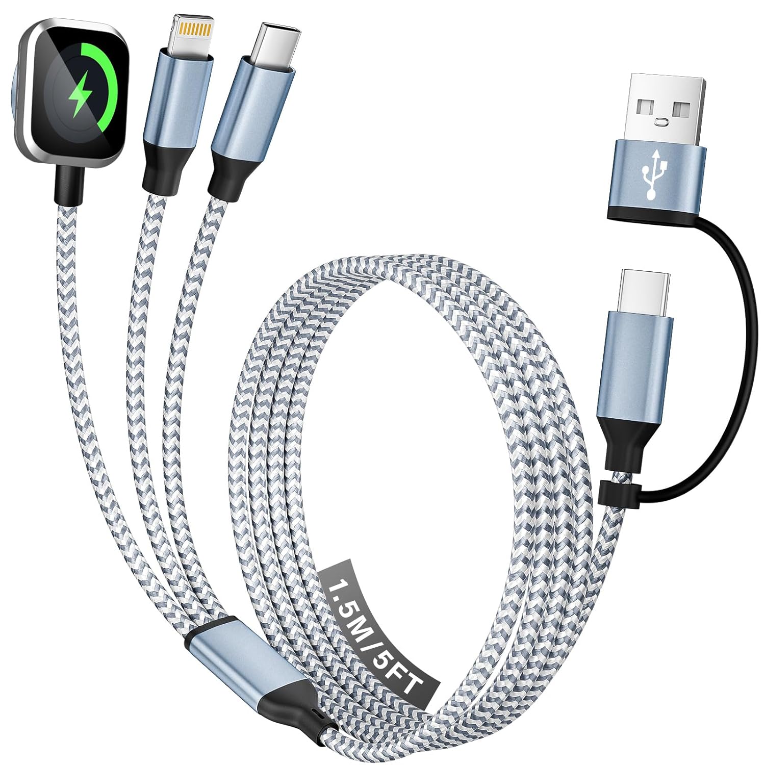 Travel Essentials 3 in 2 Charging Cable for Phone Watch Charger, USB A/USB C Multi Charging Cable/Cord for All Devices Compatible for iWatch Ultra/SE/11-2, iPhone17 15 14, Android, More - 5FT