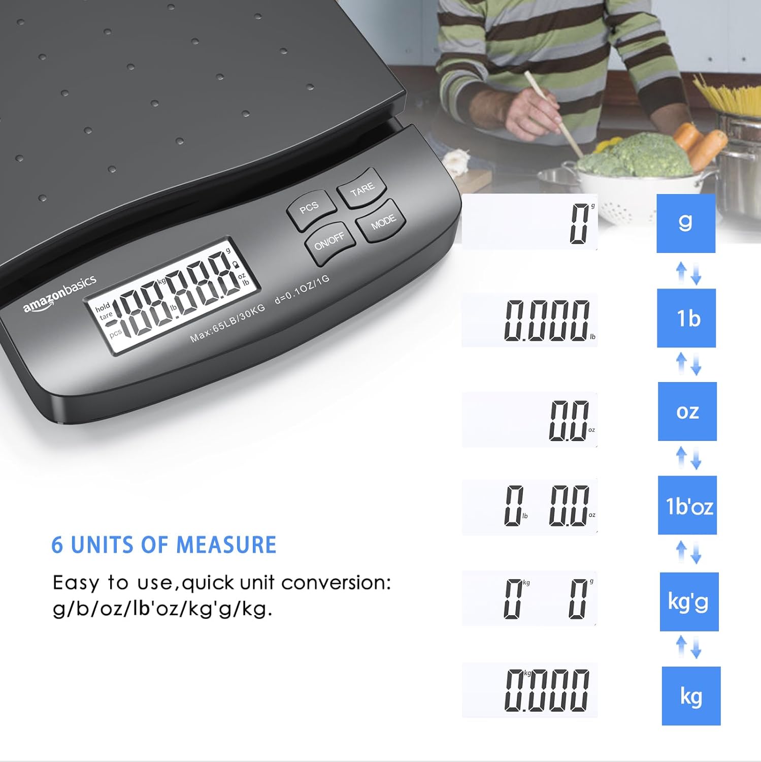 Amazon Basics Digital Postal Shipping Scale with Tare Function, AC Adapter, 65 lb Capacity, 0.1 oz Readability, LCD Display, Black - Image 3