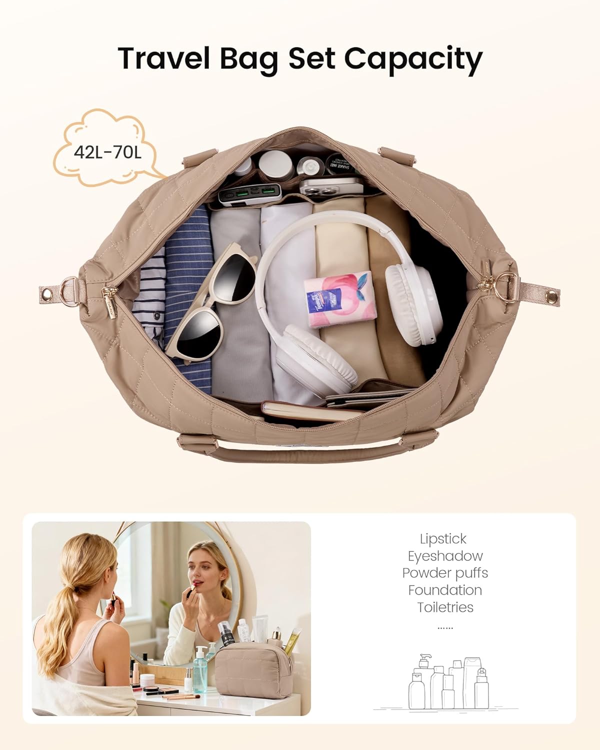 LOVEVOOK Travel Duffel Bag - Versatile Weekender Bag for Women, Puffer Carry On & Overnight Bag for Short Trips, Coffee Brown - Image 4