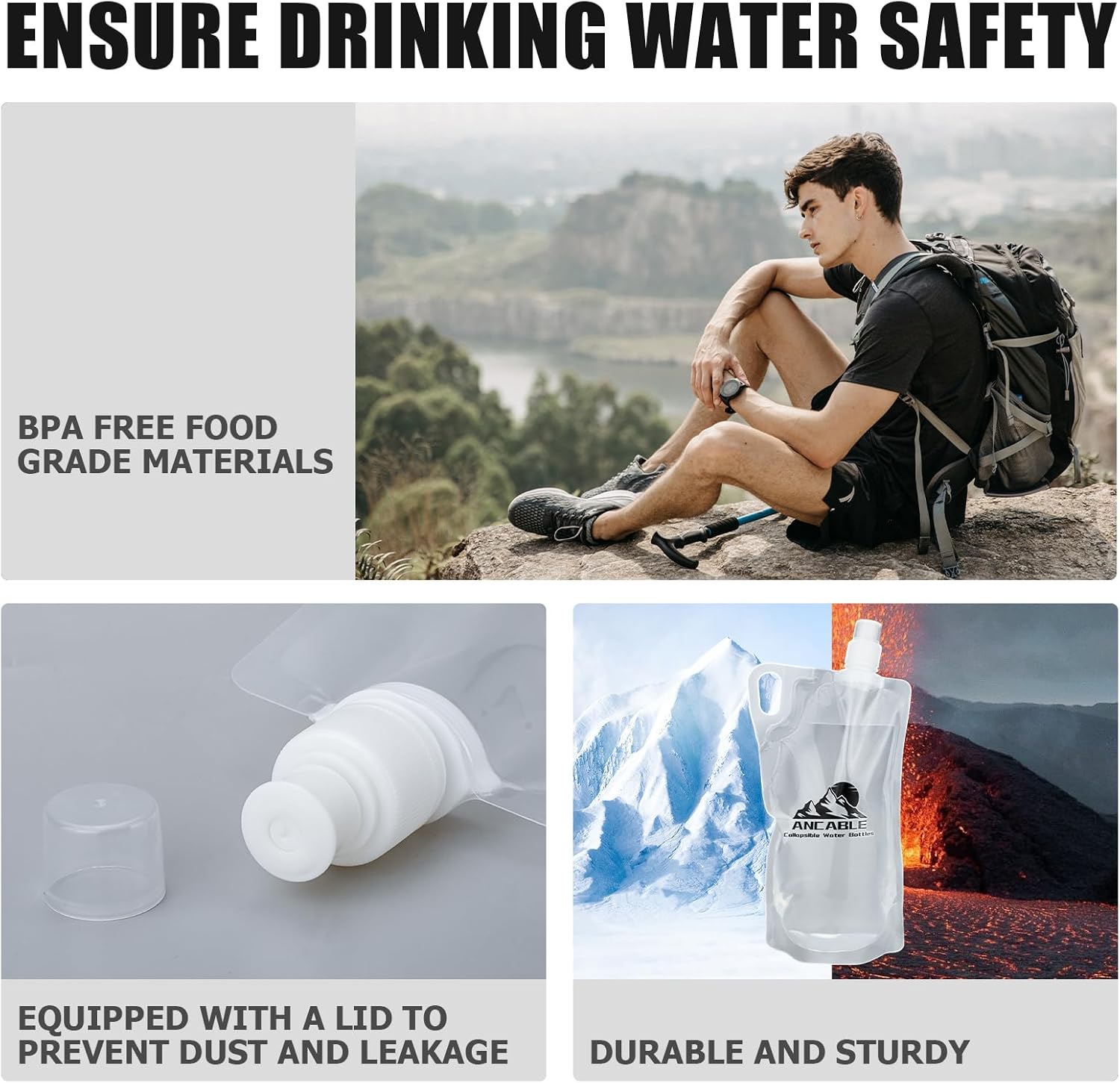 Ancable 1L Hiking Collapsible Water Bottles, 4-Pack 33OZ BPA-Free Foldable Backpacking Water Bottle for Travel Camping Hiking - Image 4