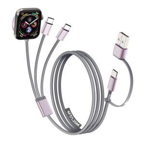 Travel Essentials for Apple Watch Charger, 3 in 2 Dual USB C Multi Charging Cable for iPhone Charger, USB C Cord Compatible with iPhone 17-15 Series/iWatch Ultra/10-1/Galaxy S25-20, iPad-Grey, 4FT