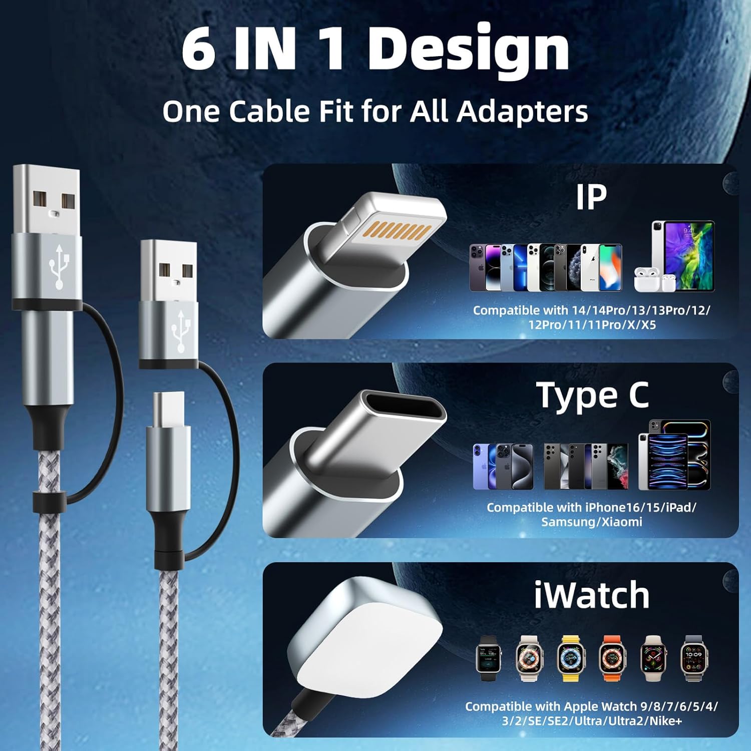 Travel Essentials 3 in 2 Charging Cable for Phone Watch Charger, USB A/USB C Multi Charging Cable/Cord for All Devices Compatible for iWatch Ultra/SE/11-2, iPhone17 15 14, Android, More - 5FT - Image 3